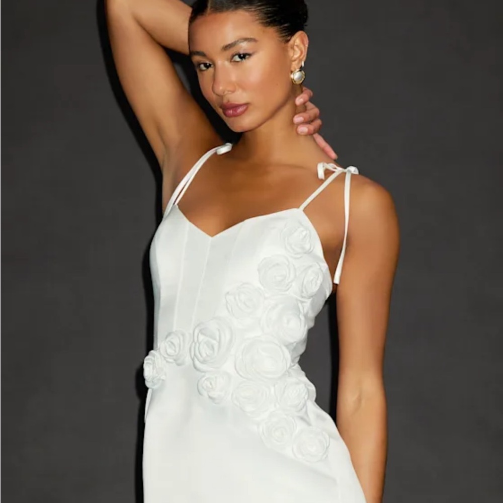 Lulu's Nafissa White Satin Floral Applique Tie-Strap Mini Dress